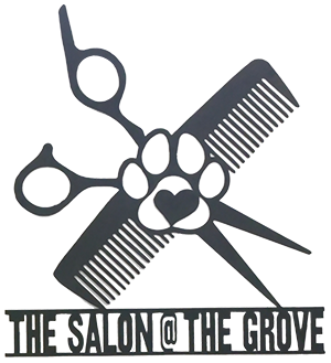 Salon logo, a central paw with a heart inside the main pad, with a background of crossed comb and scissors